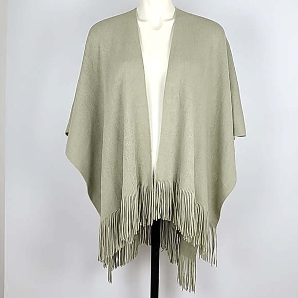 Mulberry Knit Moss-Coloured Open Front  Fringed Shawl Wrap Cape - Picture 3 of 6